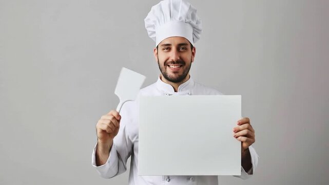 A Chef wearing a white coat and hat holding a blank whiteboard 4K Videos