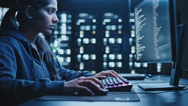 Young woman programmer typing code mechanical keyboard dim server room with monitor glow and rack lights, woman coder concentrating computer screen with blue lighting and focused expression conveying
