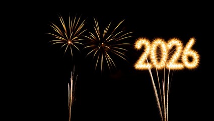 Golden fireworks spell out 2026 against a dark night sky with copy space.