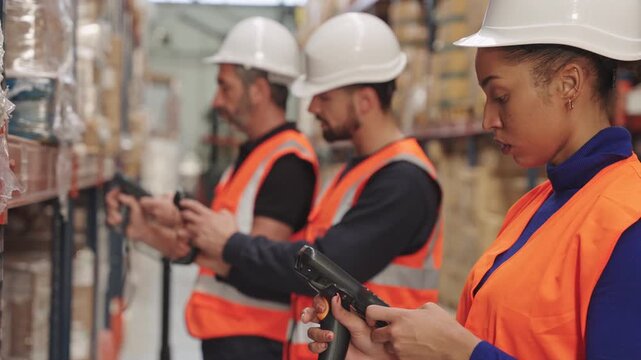 Warehouse workers scanning barcodes for inventory management