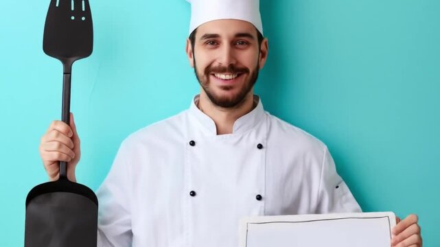 A Chef wearing a white coat and hat holding a blank whiteboard 4K Videos