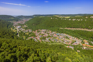 Aerial view of Honau and Unterhausen, in the shadow of Lichtenstein Castle