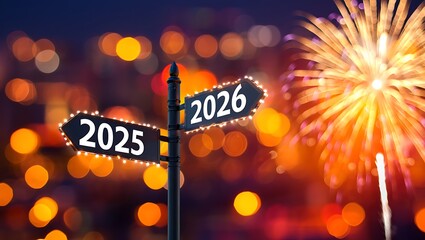Signpost with 2025 and 2026, illuminated with lights, against bokeh city lights and fireworks