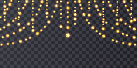 Light bulbs curtain, star festoon header. Fairy garland hanging strings. Ramadan lantern, chirstmas sky vector bg. Holiday lamp ball, gold glitter festive pattern. 3d wedding ornament. Lightbulb glow