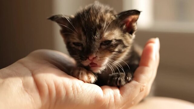Close-up of a person's hand cradling a small, adorable tortoiseshell kitten with a blurred background.