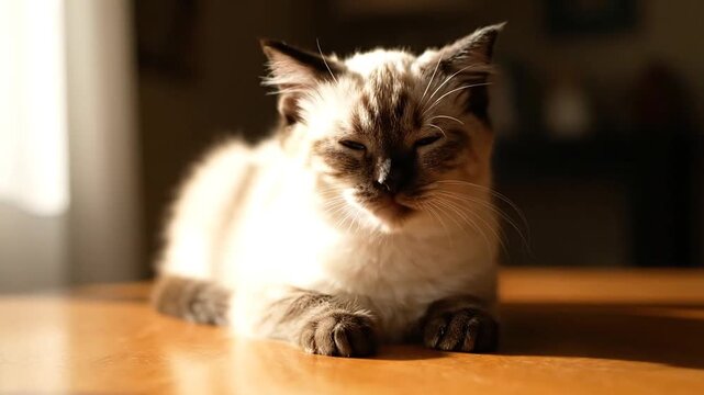 Close-up of a white and gray cat lying on a wooden table with natural light shining on its fur.