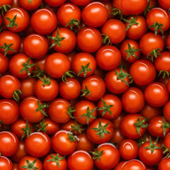 Fresh red cherry tomato background with green stems. Healthy food concept for a recipe or cooking blog. Raw vegetable for diet.