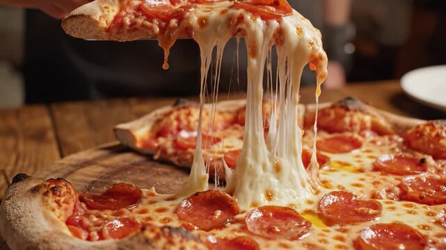 Melting mozzarella cheese pull hot pepperoni pizza slice with golden crust, tomato sauce and bubbling cheese creating savory indulgent moment. Pepperoni pizza with melted mozzarella cheese and golden