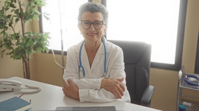 Senior female doctor with grey hair and glasses smiling confidently in a clinic office setting, with arms crossed, symbolizing professionalism and dedication to her medical practice.
