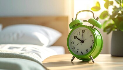 Green Alarm Clock on Table.