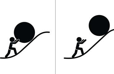 Stick figure pushing boulder up hill and boulder rolling down Keywords: stick figure, person, man, pushing, boulder, rock, hill © MdZabed