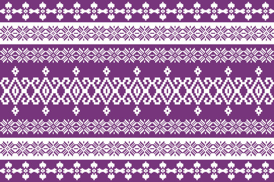 Traditional geometric ethnic pattern inspired by Southeast Asian textile motifs, symmetrical pixel-style ornament in purple and white, ideal for fabric, wallpaper, packaging, and vector print design.