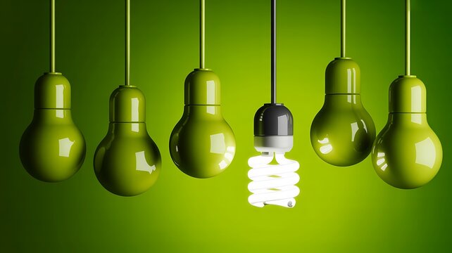 A 3D rendered illustration of light bulbs hanging in a row with one illuminated bulb standing out against a green gradient background