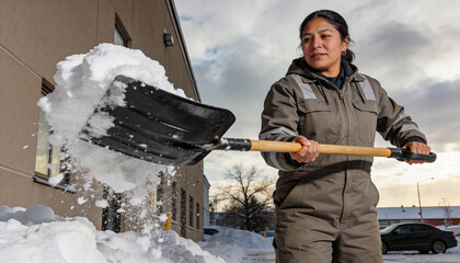 Hispanic woman in winter attire shoveling snow outside a building, showcasing determination and hard work in a snowy urban environment with clouds in the background