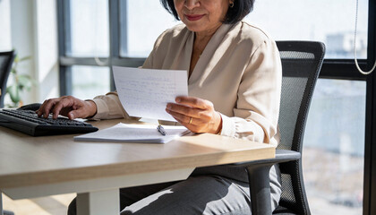 Mature woman in a light blouse, sitting at a desk with a keyboard, reviewing documents, showcasing focus and professionalism in a bright office environment with natural light