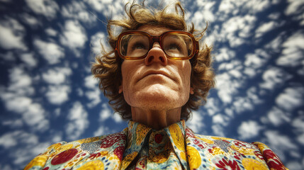 Fototapeta premium Low Angle Fashion Portrait With Orange Sunglasses , cloudy sky