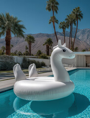 Luxury Villa Pool with Pink Unicorn Inflatable and Palm Trees