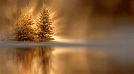 Dreamy Winter Landscape With Falling Snow And Golden Light