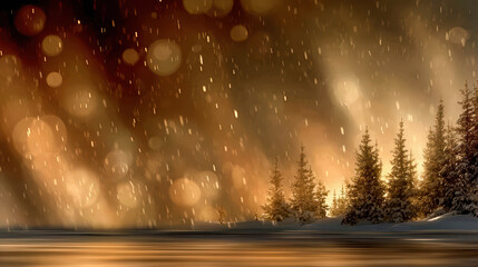 Dreamy Winter Landscape With Falling Snow And Golden Light