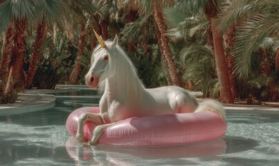 White unicorn  lounging on pink pool float in surreal tropical garden with vibrant foliage and reflections
