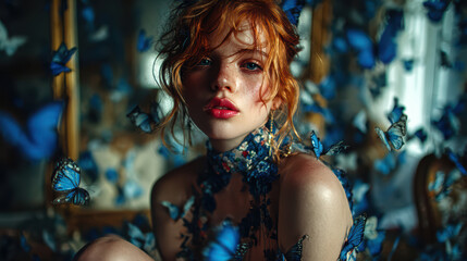 Red Haired Woman With Blue Butterflies Fantasy Portrait