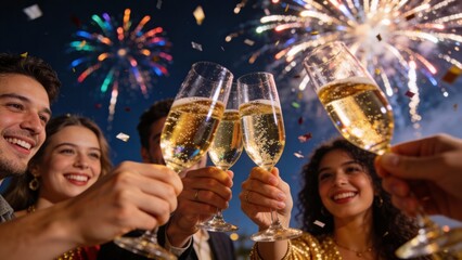 Joyful friends raise champagne glasses at midnight as fireworks explode above, capturing the magic of New Year celebration