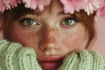 Close-up portrait of young woman with green eyes, freckles, flower crown and soft sweater

