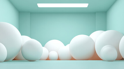 Minimalist 3D interior scene with large white spheres in pastel turquoise room and soft lighting
