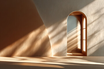 Beige textured interior bathed in natural sunlight with dynamic shadows on wall
