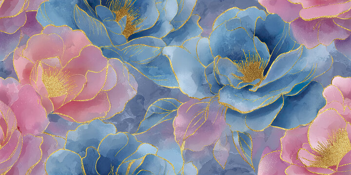 Watercolor floral pattern with blue and pink flowers outlined in gold, creating romantic and elegant seamless design full of soft textures and delicate details