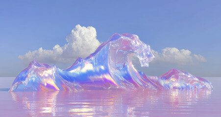 Abstract iridescent crystal waves on ocean surface at sunset with surreal pastel colors and dreamy reflections

