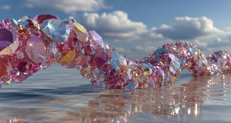 Colorful gemstone sculpture floating on water with sparkling reflections under a cloudy sky
