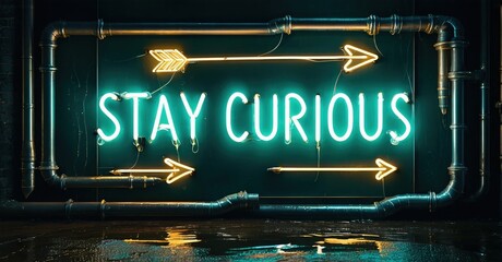 Fototapeta premium Neon sign displays Stay Curious. Arrows point directions. Dark background, wet floor creates reflections. Industrial setting.