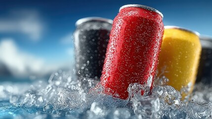 Colorful soda cans in ice with water droplets and condensation under blue sky background
