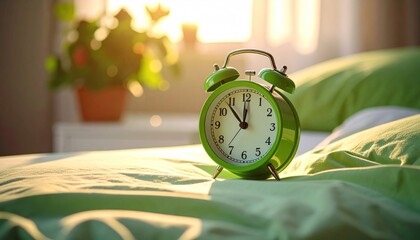 Green clock on bed.