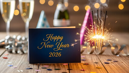 happy new year, new year's eve, new years eve, celebration holiday winter party event celebration greeting card - year 2026 and sparklers on table