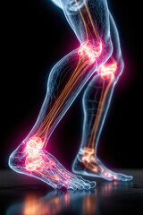 Knee joints illuminated in human body highlighting pain areas in legs and arms
