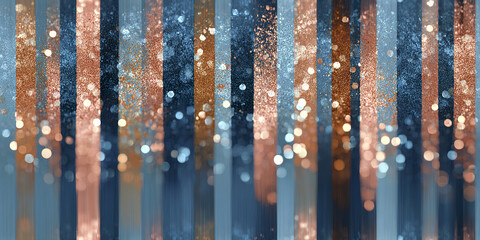 Abstract glitter background with vertical blue and rose gold stripes and bokeh light effects creating festive and elegant atmosphere with sparkling texture and blurred depth