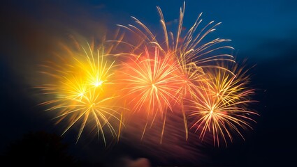 Bright fireworks exploding in the night sky with colorful trails and smoke, festive celebration.