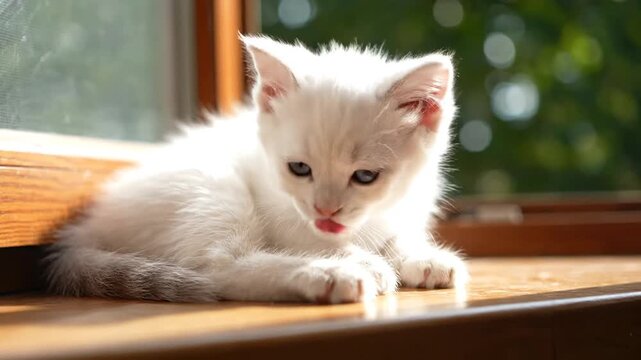 A white kitten with blue eyes and pink nose lies on a wooden windowsill, looking down with a playful expression against a blurred green outdoor background with natural light.