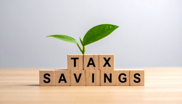 Income tax savings strategy represented by "Tax Savings" text on wooden cubes with a small green plant.