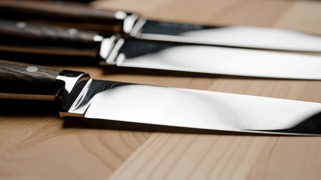 Sharp kitchen knives with wooden handles on wooden table