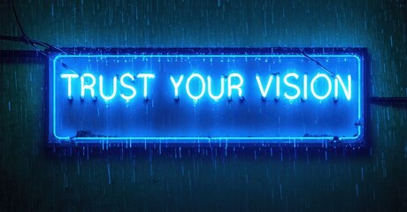 Fototapeta premium Bright neon sign displays inspirational message. Dark background emphasizes glowing text, creating dramatic effect. Rain streaks visible.