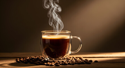 Steaming Hot Espresso in Glass Mug with Roasted Beans