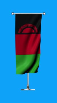 Realistic Standing Vertical  Wavy Flag Banner of MALAWI on Metallic Pole with Loop Animation