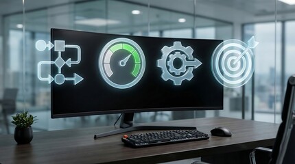 Modern office workspace with computer displaying business efficiency icons