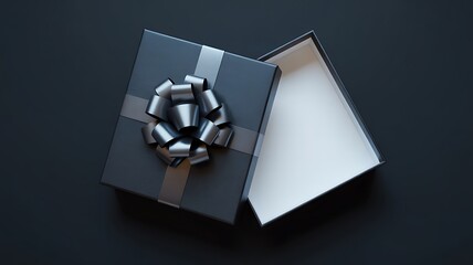 An open gift box with a silver bow on a black background
