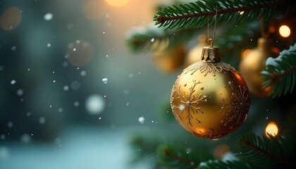 Christmas Background With Vintage Golden Ornament Hanging On Fir Branches