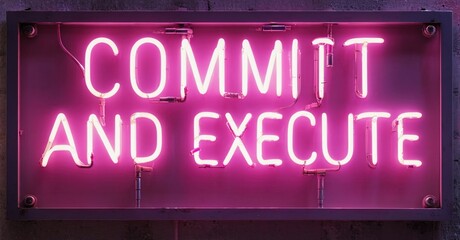 Bright pink neon sign displays text commit and execute. Dark background emphasizes glowing message. Simple, direct presentation.