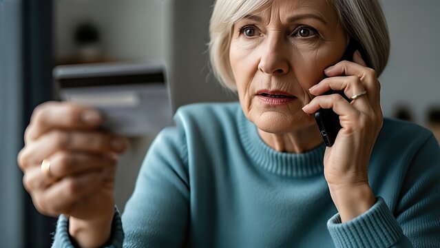 Senior woman holding credit card while speaking on mobile phone, expressing concern about potential cybercrime and telephone scams in a modern home environment